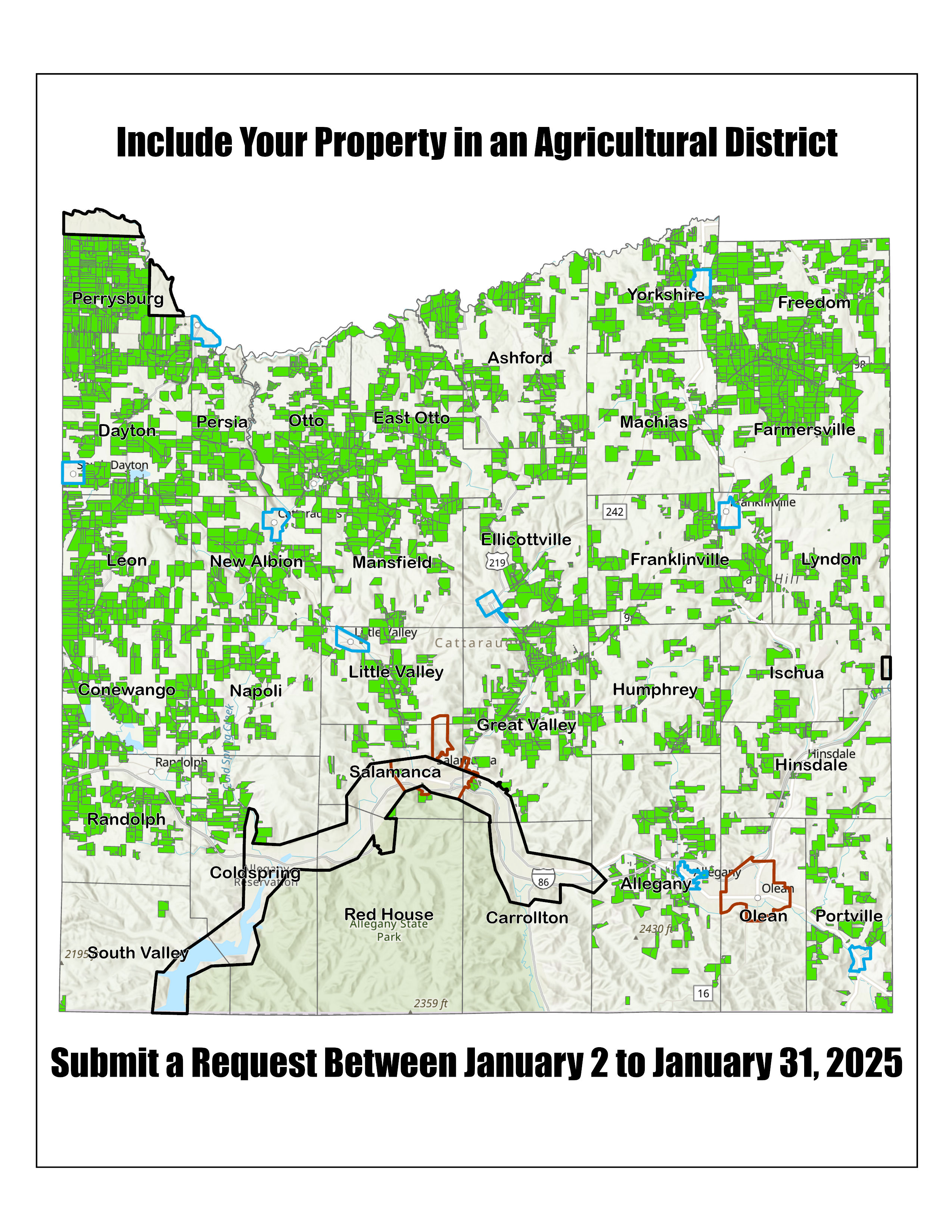 Include your property in an Agricultural District. Submit a request between January 2 to January 31, 2025