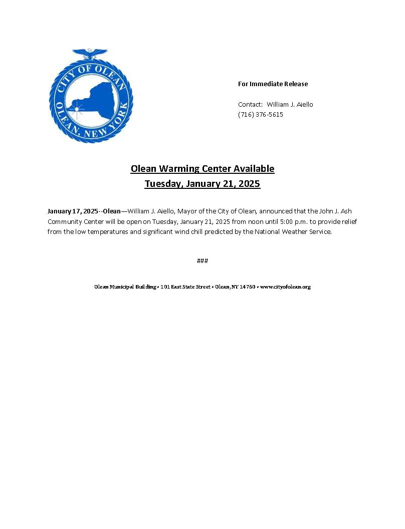 Warming Center Announcement from City of Olean