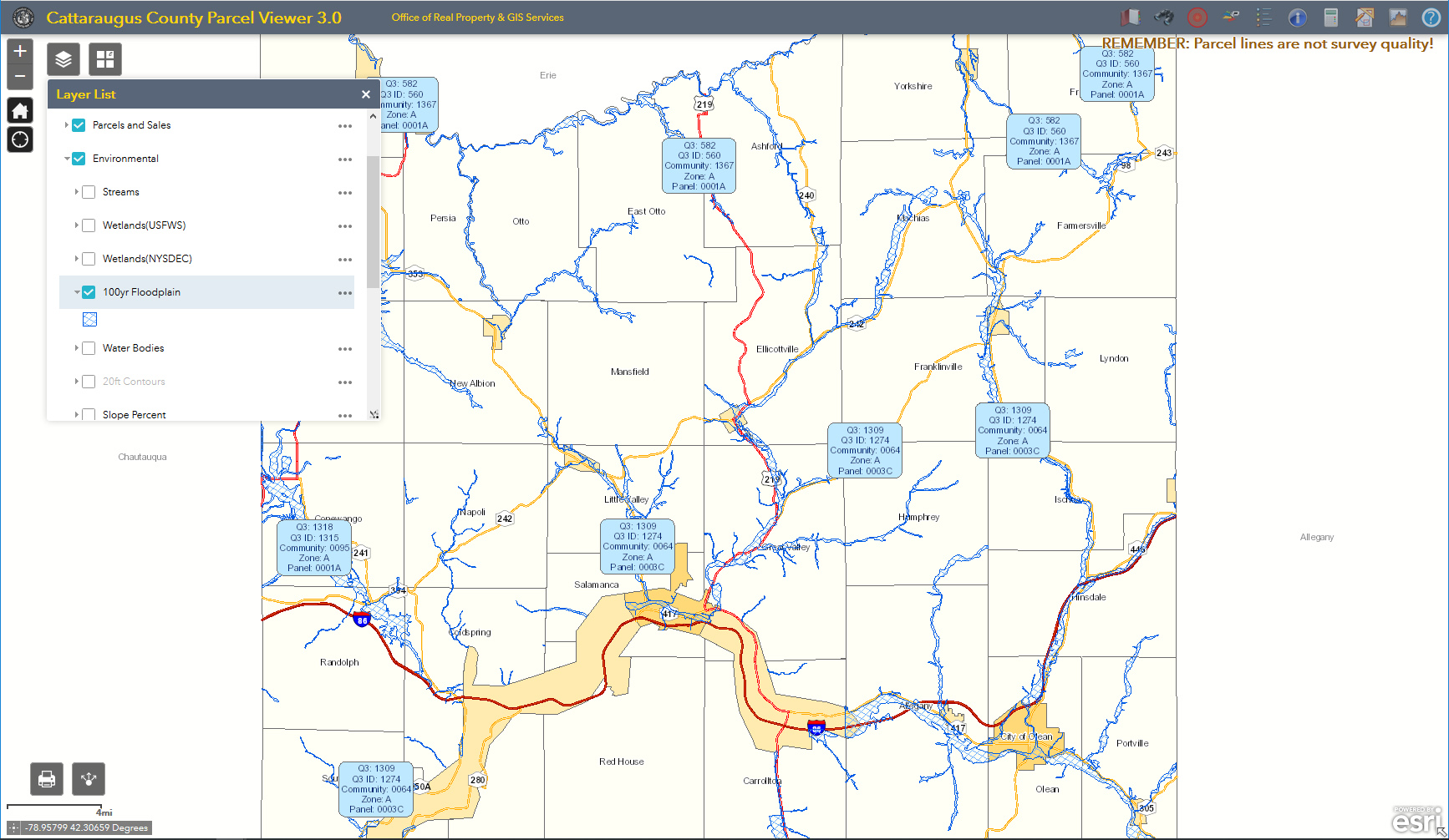 Catt. County Parcel Viewer with the 100 Year Floodplain layer visible