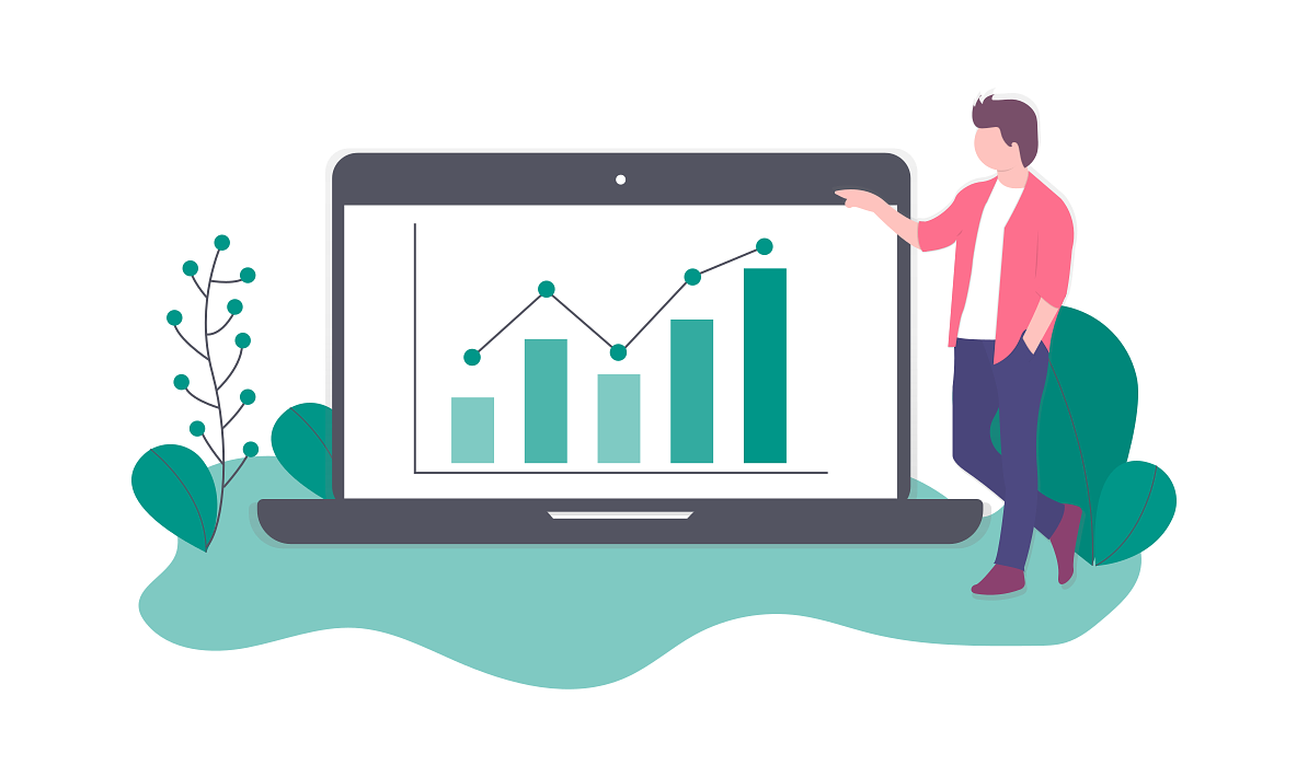 Illustration of person looking at a graph on a giant laptop. Source: undraw_finance_0bdk