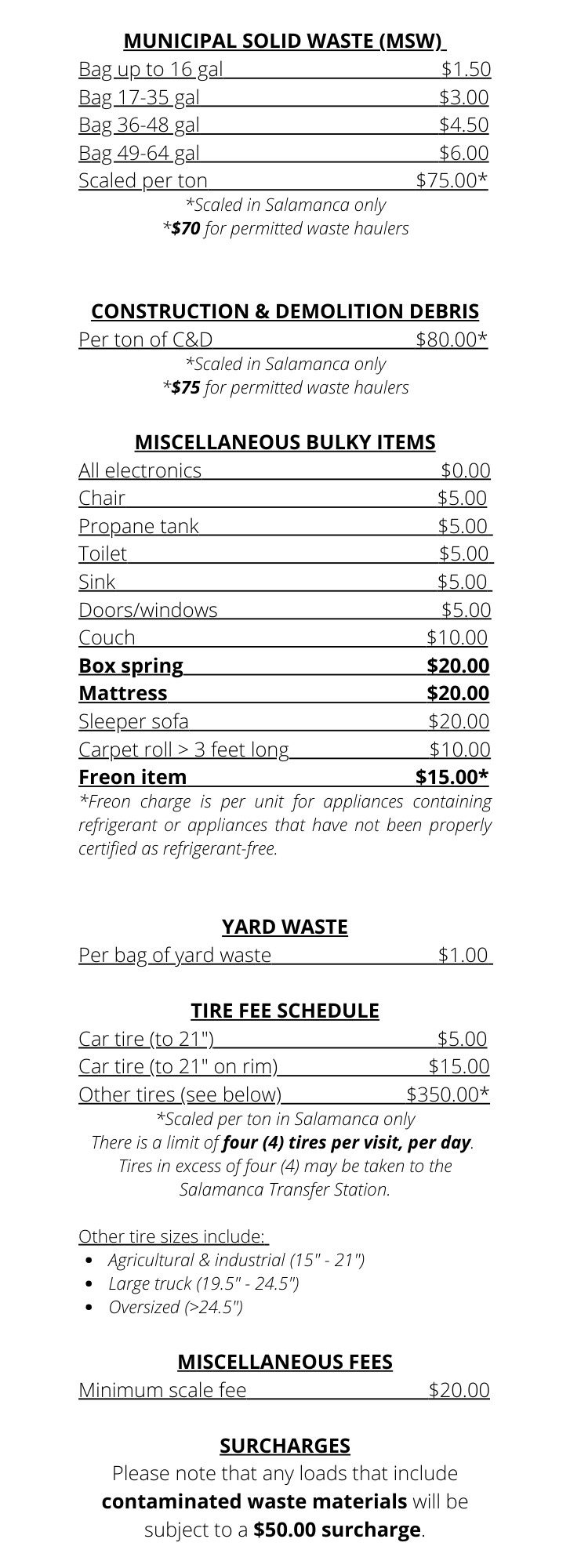 Fee schedule 2025