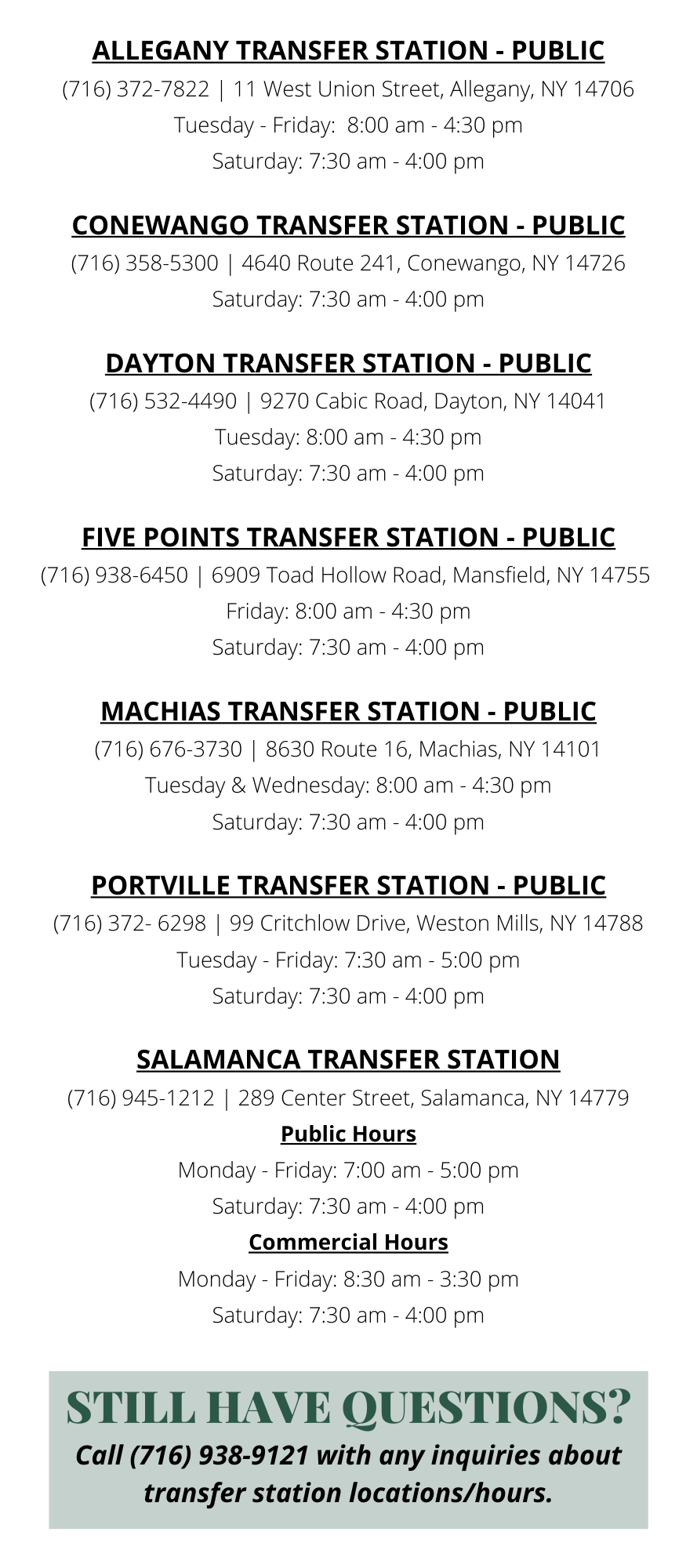 Transfer Station Hours 2025